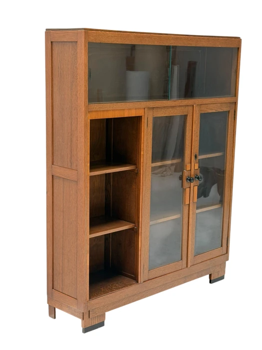 1930s Art Deco Modernist Bookcase, Solid Oak with Glass Doors